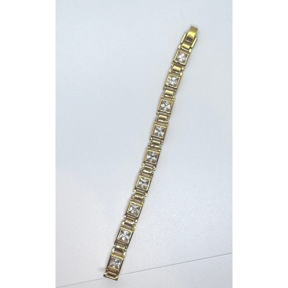 Gold Tone Square Crystal Link Tennis Bracelet Clear Stones 6.25 Inch